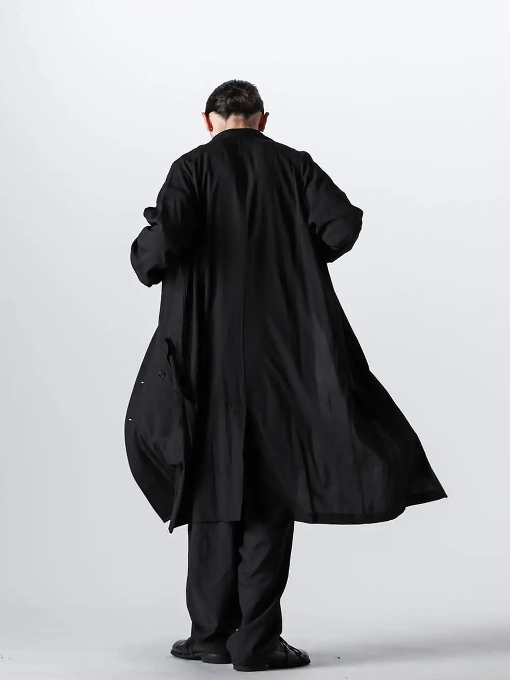 Y's for men - Yohji Yamamoto - 24SS collection Style #3 - MS-C02-217 - Raglan Sleeve Coat - HS-B44-207 - Print Side Gusset blouse Black - HS-P35-102 - Side Tuck Pants 3-003