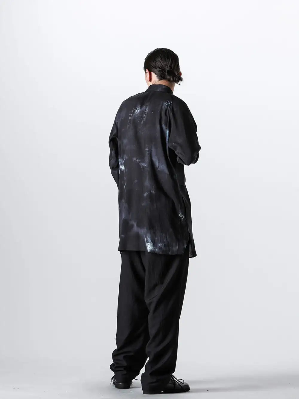 Y's for men - Yohji Yamamoto - 24SS collection Style #3 - MS-C02-217 - Raglan Sleeve Coat - HS-B44-207 - Print Side Gusset blouse Black - HS-P35-102 - Side Tuck Pants 3-005