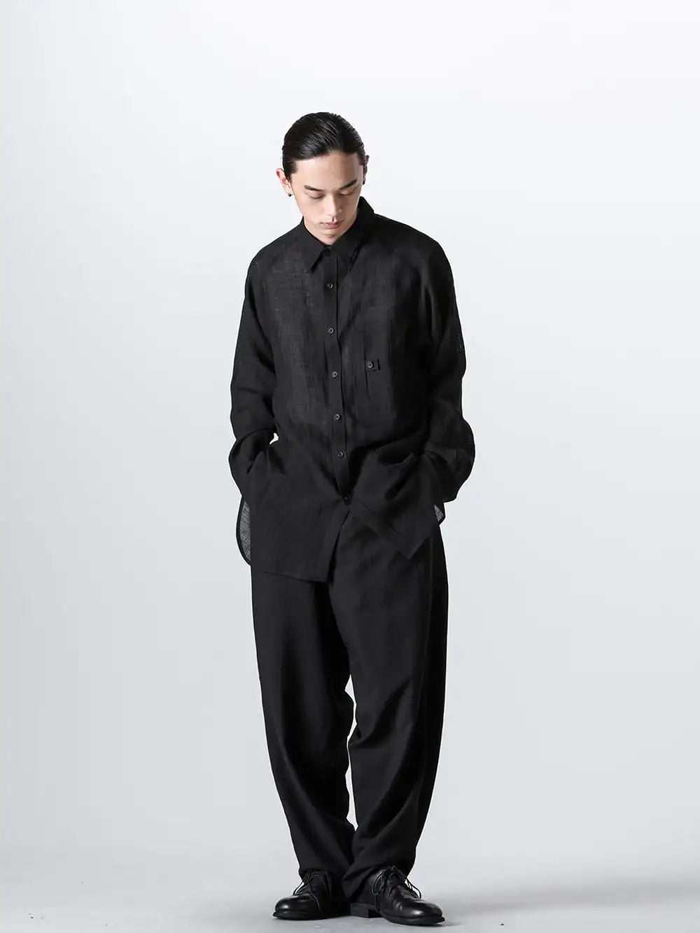 Yohji Yamamoto - 24SS collection Style #7 - HS-B19-305 - Double Left Collar Placket Blouse - HS-P35-102 - Side Tuck Pants 7-002