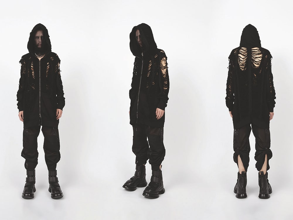 Julius 2024SS Styling - Hoodie with a leather cut that looks like the net has been melted. - 857CUM1-L-Black(Cotton Sweat Cut & Sewn for Male 857CUM1-L) - 3-002