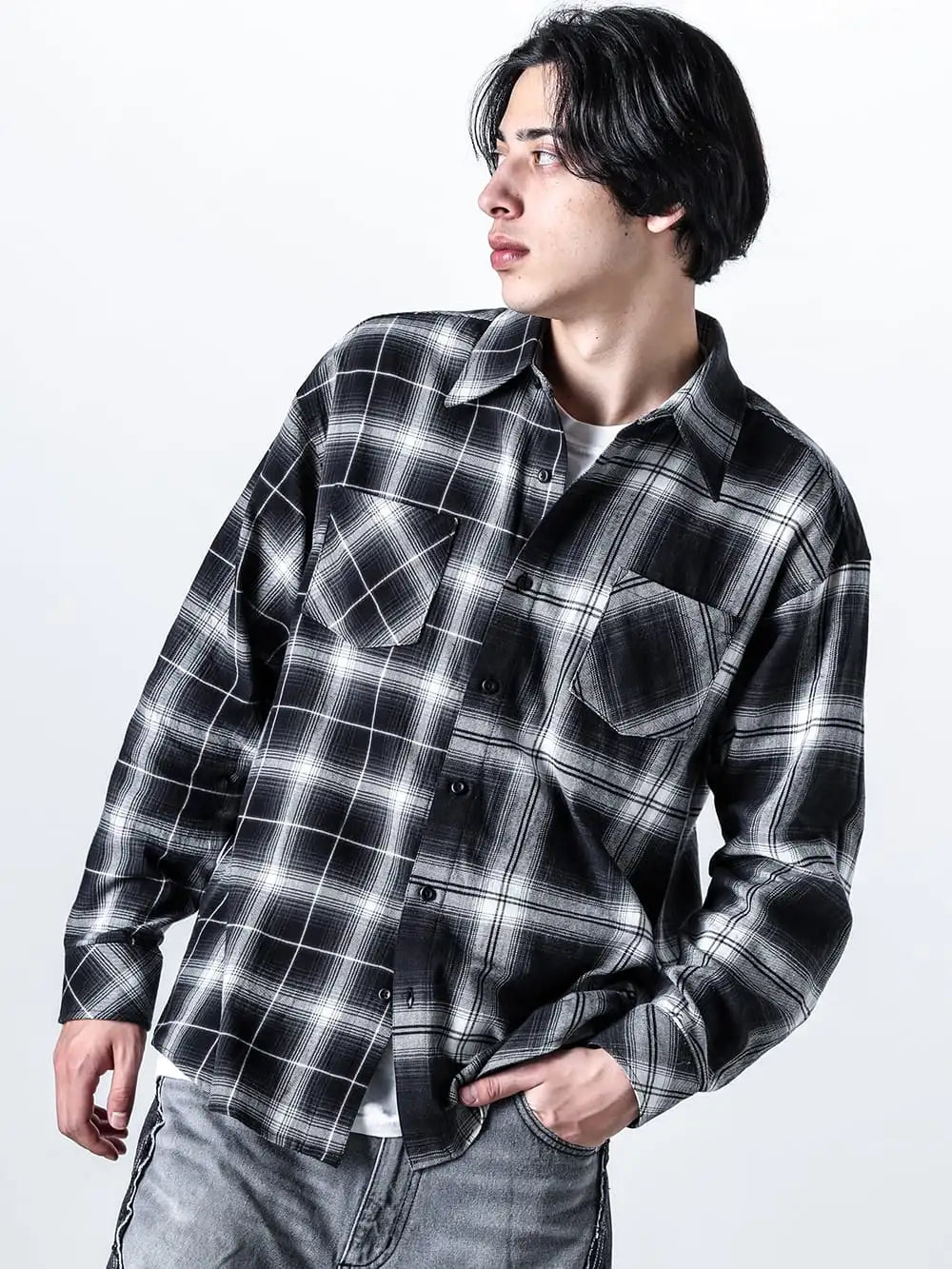 RAFU 24SS STYLING  - Checked shirts with a non-mainstream feel - Rafu008-Docking shirt black - 16102-Black_CL-Twisted 3D sarouel denim black CL 2-001