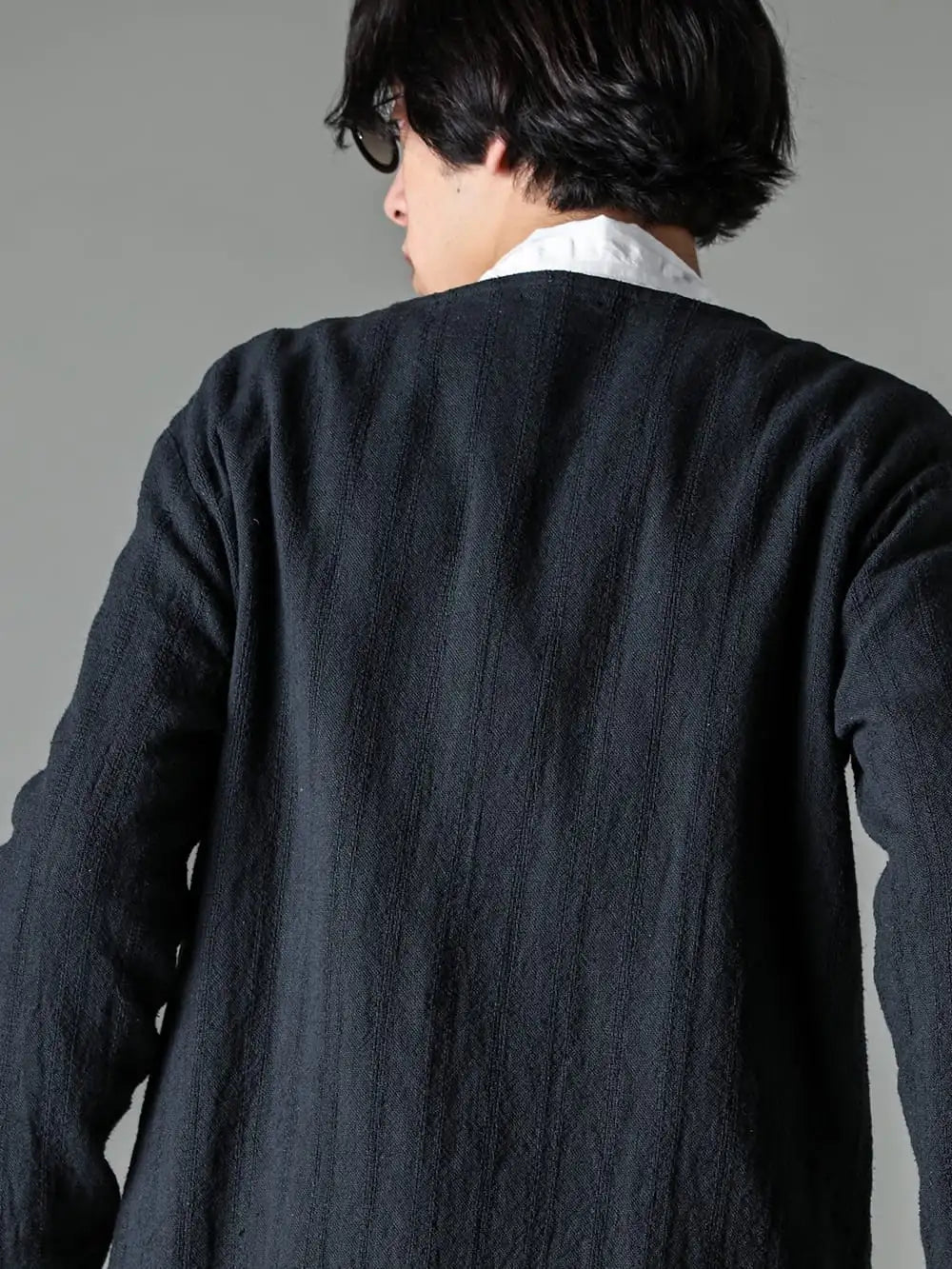 NOUSAN 24SS(秋冬) - crew-neck-JK-black-クルーネックジャケットストライプ リネン ブラック - shirt-multi-stripe-cotton-ヨークレスシャツシルクコットン Multi Stripe Cotton - villa-b-stripe-ワイドエラスティックパンツ ストライプ 3-006