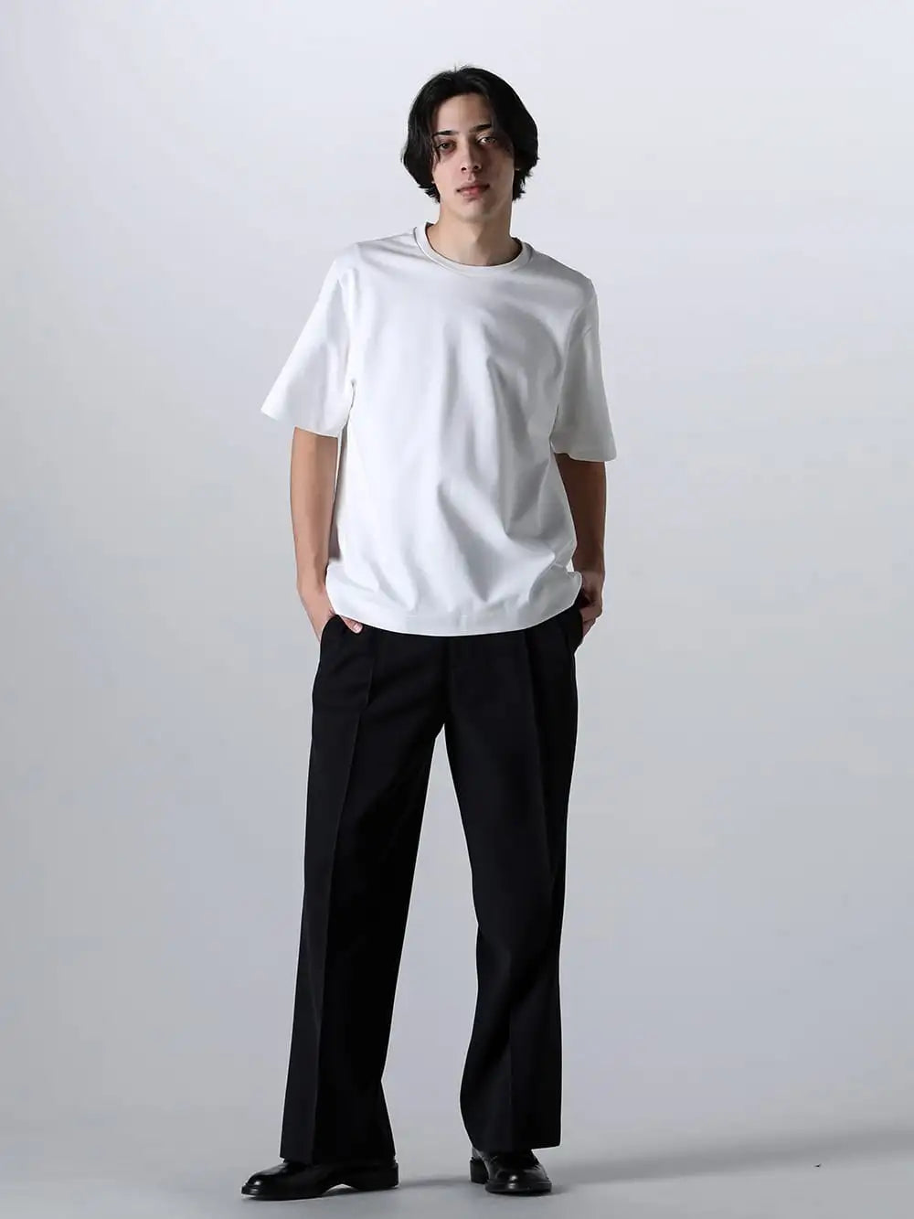 IRENISA 24SS  - Coordinates with short sleeve T-shirt white - IH-24SS-T006-AG-White-White-cord - short sleeve T-shirt White × White cord - IH-24SS-P018-ND-Dark-Navy - Two Tucks Wide Trousers Dark Navy - IH-22SS-S001-RC - leather shoes 2-001