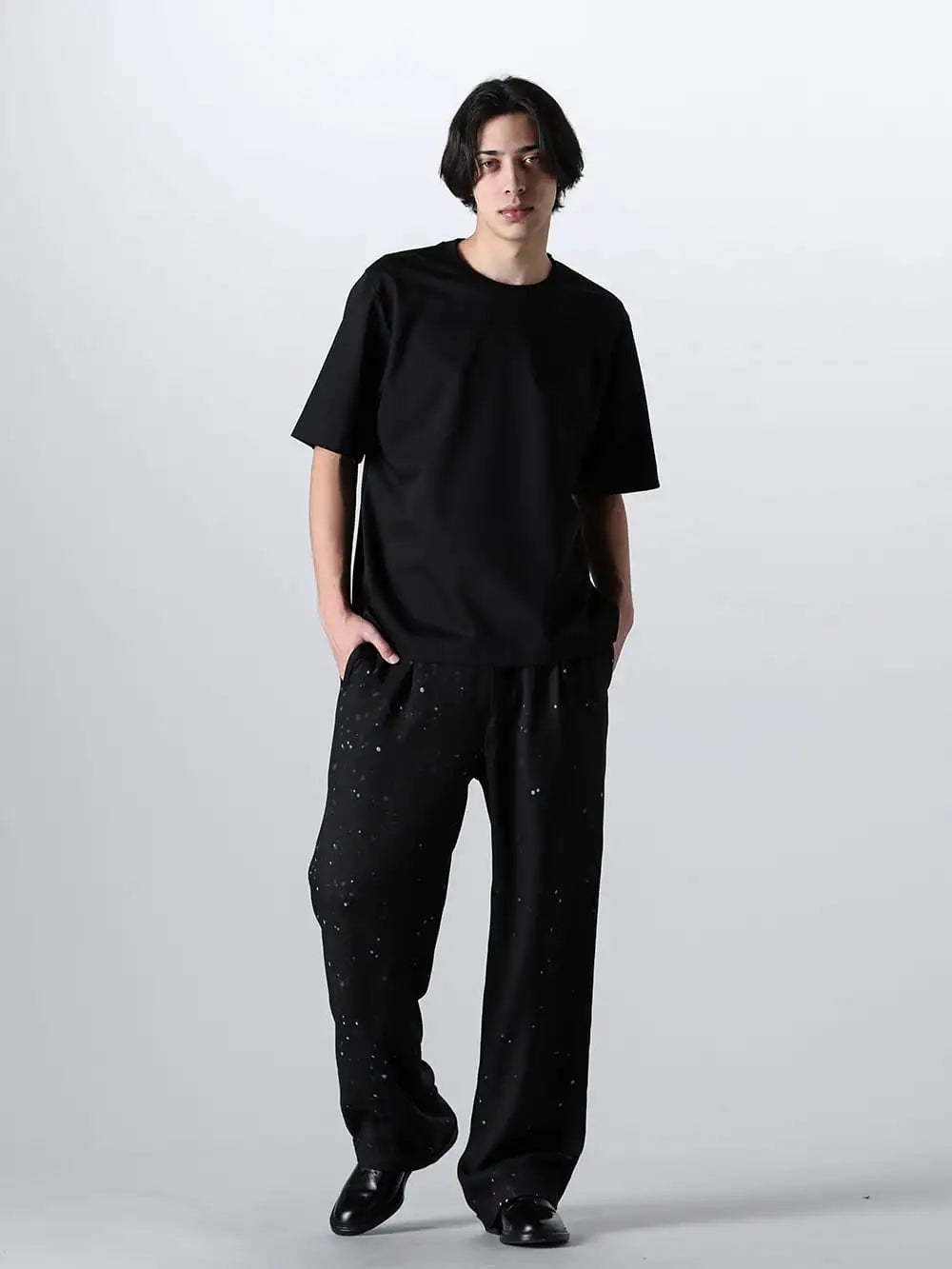 IRENISA 24SS - Coordinates with short sleeve T-shirt Black - IH-24SS-T006-AG-Black-Black-cord - short sleeve T-shirt Black × Black cord - IH-24SS-P033-DMF-Black - ワンタックトラウザーズ Black - IH-22SS-S001-RC - leather shoes 3-001