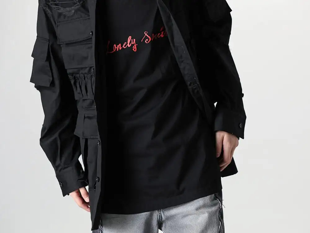 TAKAHIROMIYASHITATheSoloist 24SS  - A Jacket with Meticulous Attention to Detail - ss.0003aSS24 - back gusset sleeve photographer shirt.(clash) - sc.0022SS24-Black - lonely souls. (oversized s/s pocket tee) Black 2-004