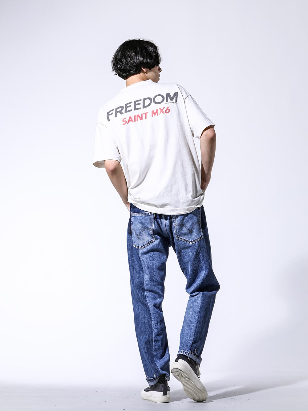 SAINT Mxxxxxx / ink / masnada 2024SS Styling - Nostalgic Graphic T-shirts - SM-YS8-0000-C22(FREEDOM × SAINT Mxxxxxx ASTRO Short sleeve T-shirt) ink24SS-13-L1(4Panel 50/Denim Pants - L1) M32S00(HIGH TOP SNEAKERS) - 1-004