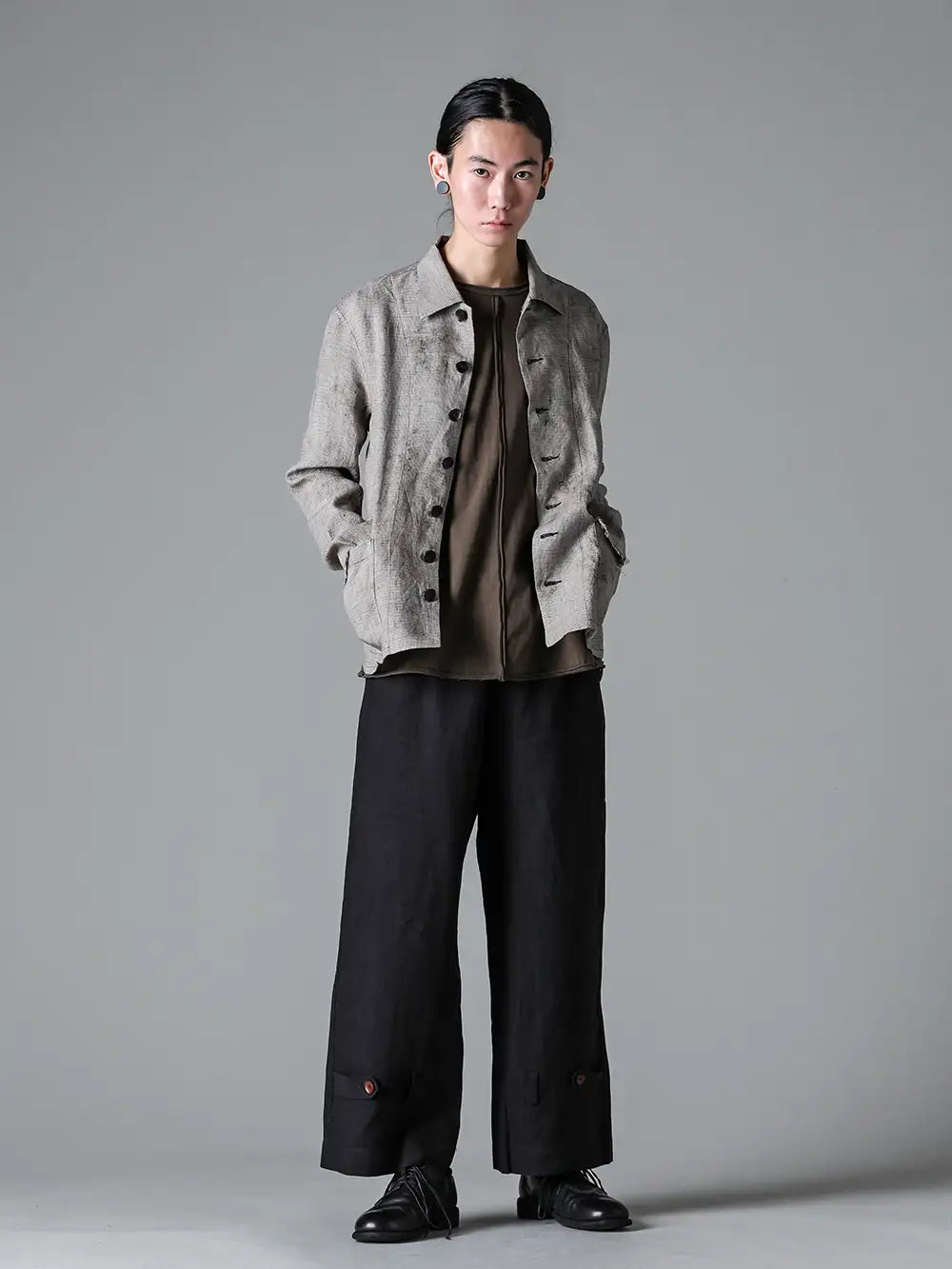 PENG TAI 24SS styling - Nostalgic Handmade Items - PTS24M03-2 Hand Dyed LS Shirty - 0M2410209 Classic Front Seam T-shirt Coyote Brown - PTS24M07-1 Hem-Adjustable Trousers - 992x-black-guidi Classic Derby Shoes Laced Up Single Sole - Horse Full Grain - 992X Black 1-006