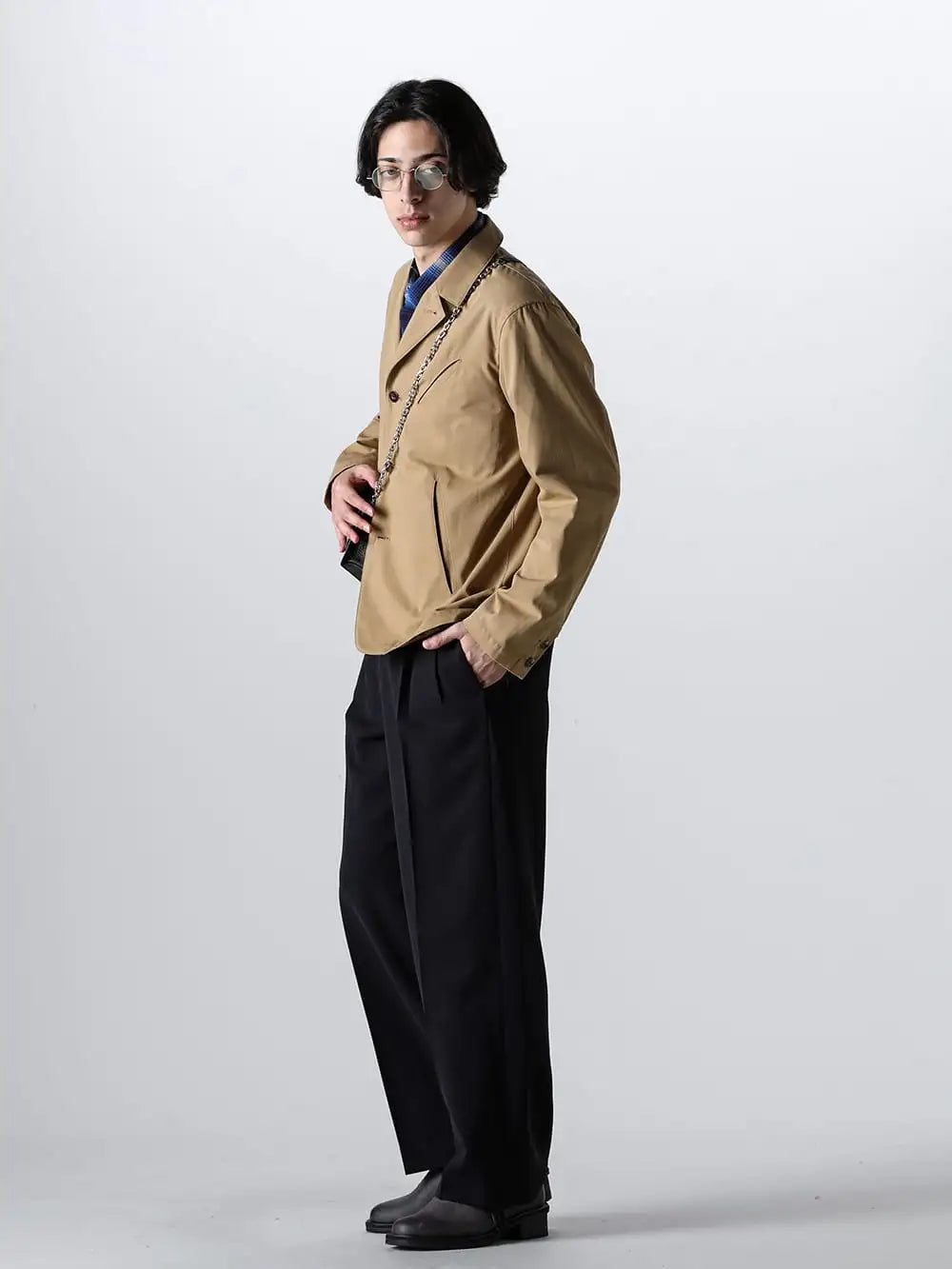 IRENISA 24SS styling - Light and Bright Styling with Blue Check Shirt and Beige for Early Summer- IH-24SS-J028-TB-Camel - Slash Pocket Jacket Camel - Rafu008 - Dooking Shirt Blue - IH-24SS-P018-ND-Dark-Navy - Two Tucks Wide Trousers Dark Navy Dark Navy - VI-3757-09-D-Gray - Diagonal Lace-up Derby Shoes D.Gray - RG00UW14 - UMA WANG x RIGARDS collaboration  - SA3UI0008 - Large chain wallet 1-002