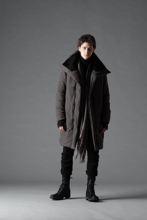 Wool x Linen High-Neck Long Down Coat CHARCOAL - D.HYGEN