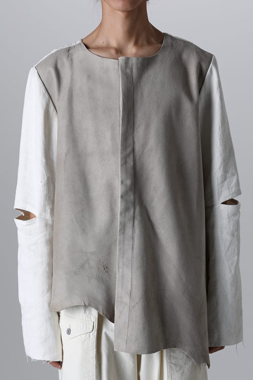 Collarless Shirt with Leather & Antique Linen - OLUBIYI THOMAS