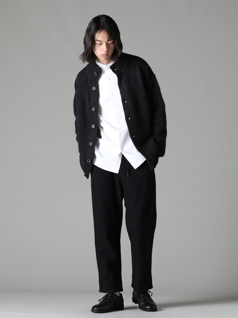 UMA WANG GUIDI DEVOA The Viridi-anne 23-24AW - UK7516 Cardigan SHE-TRVM-White Shirt 170/2 SUVIN Cotton White VI-3637-04-Black Fling Wide Cropped Trousers Black Classic Derby Shoes Lace Up Single Sole - Horse Full Grain -992 x Black 4-001