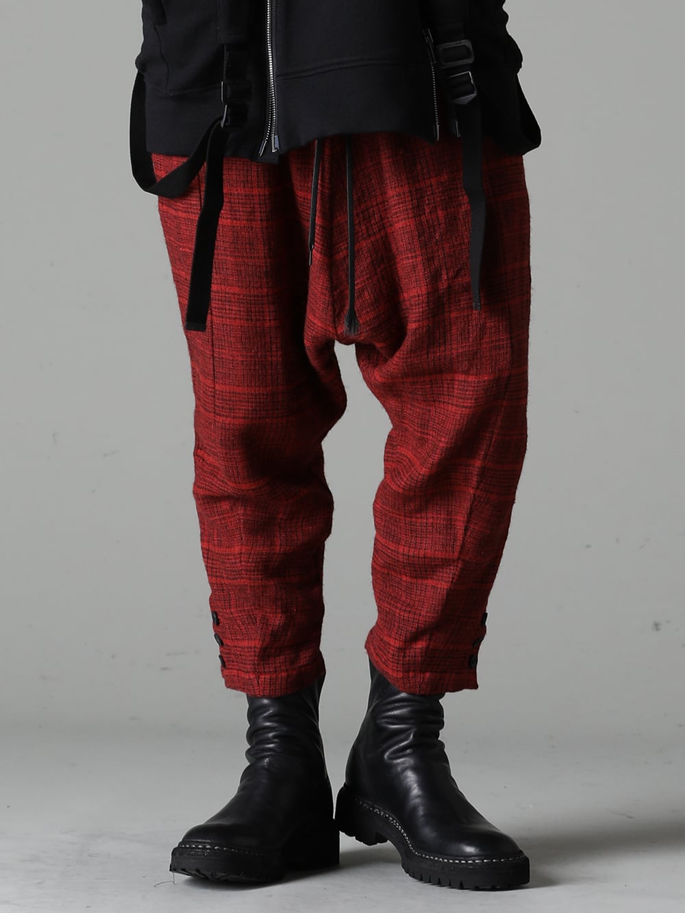 The Viridi-anne  GUIDI 23-24AW - The many-sided nature of cropped sarouel pants by The Viridi-anne」 - VI-3650-04 Wool/Linen Chech Drop Crotch Trousers Back Zip Boots Sole Rubber Norwegian Process - Horse Full Grain Leather - 796V_N BLKT 3-001