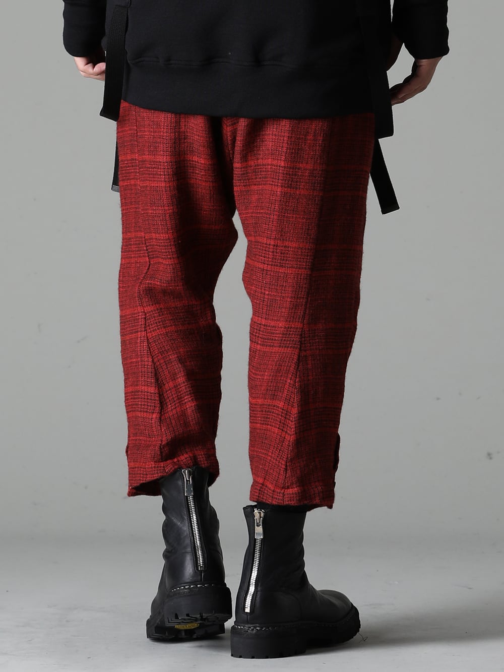 The Viridi-anne  GUIDI 23-24AW - The many-sided nature of cropped sarouel pants by The Viridi-anne」 - VI-3650-04 Wool/Linen Chech Drop Crotch Trousers Back Zip Boots Sole Rubber Norwegian Process - Horse Full Grain Leather - 796V_N BLKT 3-003