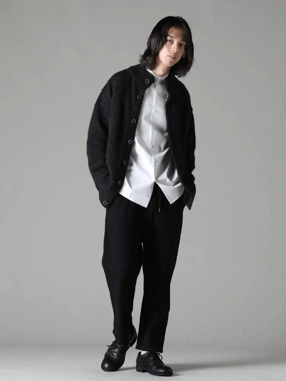 DEVOA 23-24AW - Excellent as Inner Wear - SHE-TRVM-WhiteShirt 170/2 SUVIN Cotton White - UK7516 cardigan VI-3637-04-Black Fring Wide Cropped Trousers Black - Classic Derby Shoes Lace Up Single Sole - Horse Full Grain - 992X Black 4-003