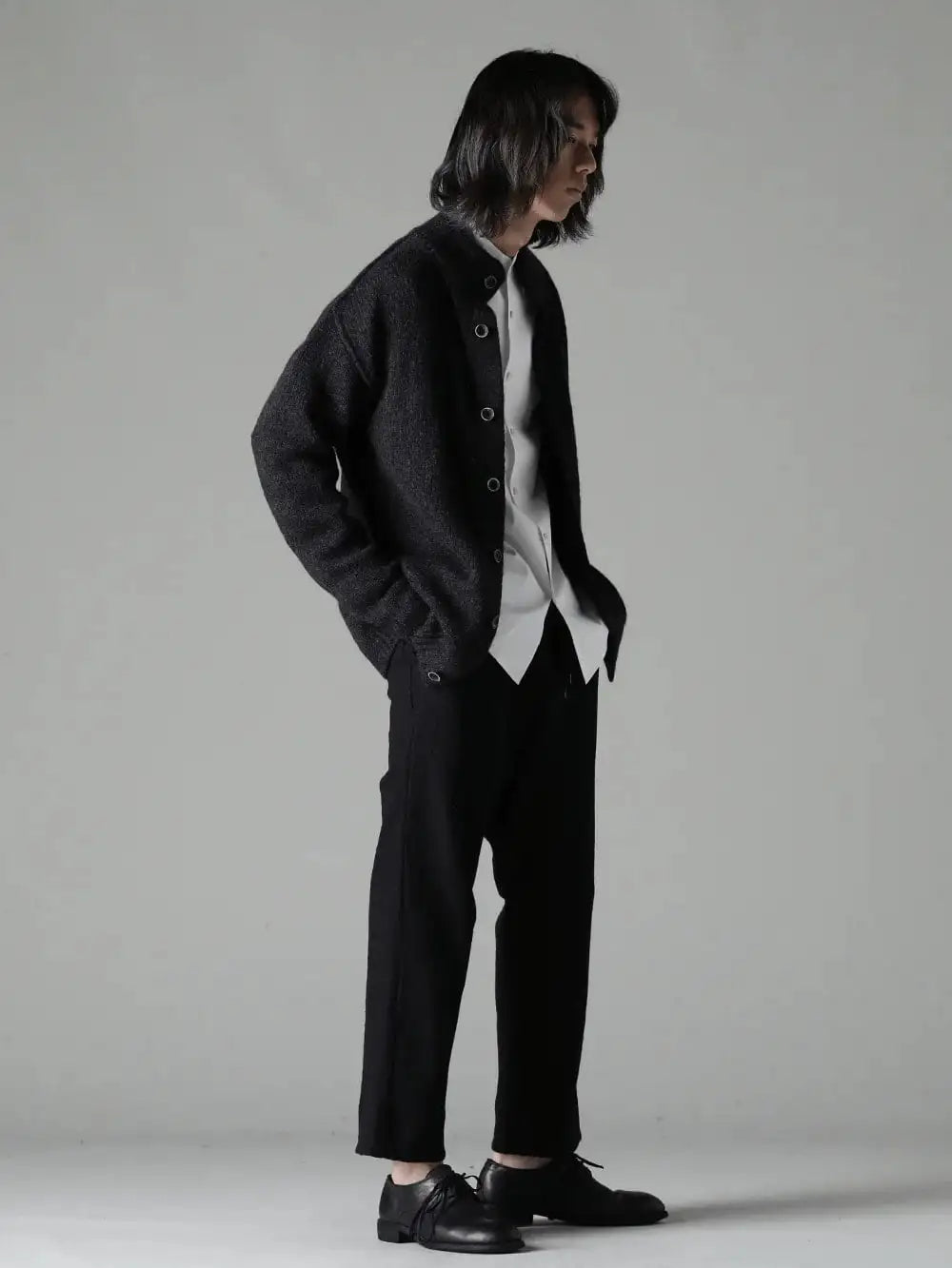 DEVOA 23-24AW - Excellent as Inner Wear - SHE-TRVM-WhiteShirt 170/2 SUVIN Cotton White - UK7516 cardigan VI-3637-04-Black Fring Wide Cropped Trousers Black - Classic Derby Shoes Lace Up Single Sole - Horse Full Grain - 992X Black 4-004