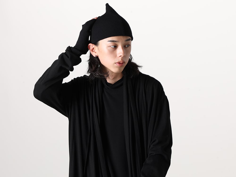 JULIUS 2023-24AW - Elegantly Draped Long Cardigan - 839CUM2-Black(Robe Cardigan Black) 827CUM8(Cupro Ripple Sleeveless Shirt) 837ACU5(Knit Cap) 837ACU4(Knit Long Gloves) - 2-004