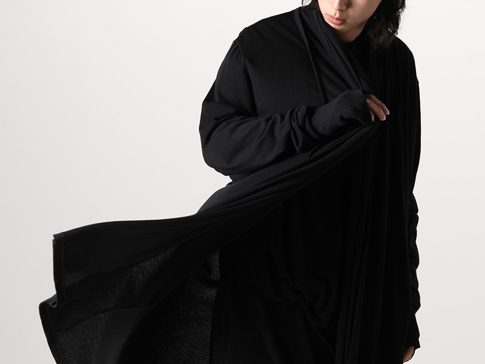 JULIUS 2023-24AW - Elegantly Draped Long Cardigan - 839CUM2-Black(Robe Cardigan Black) 827CUM8(Cupro Ripple Sleeveless Shirt) 837ACU4(Knit Long Gloves) - 2-005