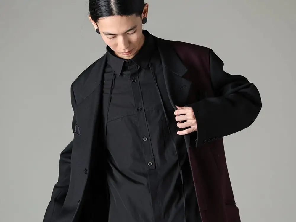 Y's for men - ワイズ フォーメン 23-24AW - コレクションでも登場した、異素材の配色ジャケット - MJ-J08-810 - コンビネーション ジグザグステッチジャケット - MJ-B07-017-Black - ストリングパネル ポケットブラウス ブラック 2-007