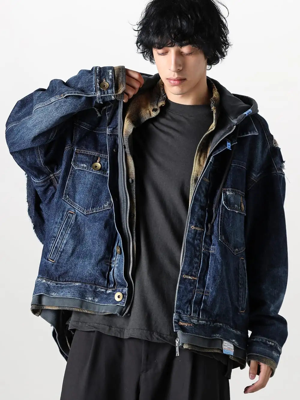 Maison MIHARAYASUHIRO - A11BL022 - Mix Layered Denim Jacket - O16TS2-Off Black - LONG SLEEVE TEE Cotton Wool Jersey Off Black 2-0010