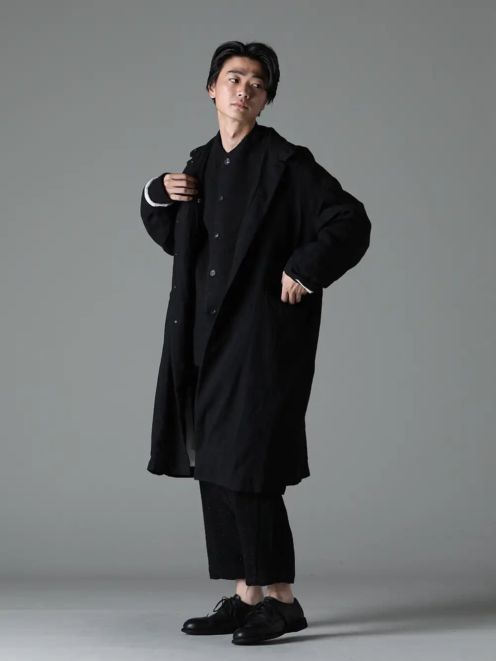 KLASICA 23-24AW Styling - Embrace the Must-Have Winter Fashion Items - 23C-HCT-062-FIGS-ST Patch Worked Relax Fit Coat Stripe Serge Wool FIGS - RJE-WBRJ Jacket hand sewing wool super 120’s / bamboo - CSC-TC833-Black ロングスリーブ 80/3 ジャージー ブラック - PTK-BSSR Relaxed pants Shetland wool - 992x-black-guidi Classic Derby Shoes Laced Up Single Sole - Horse Full Grain - 992X Black 1-002