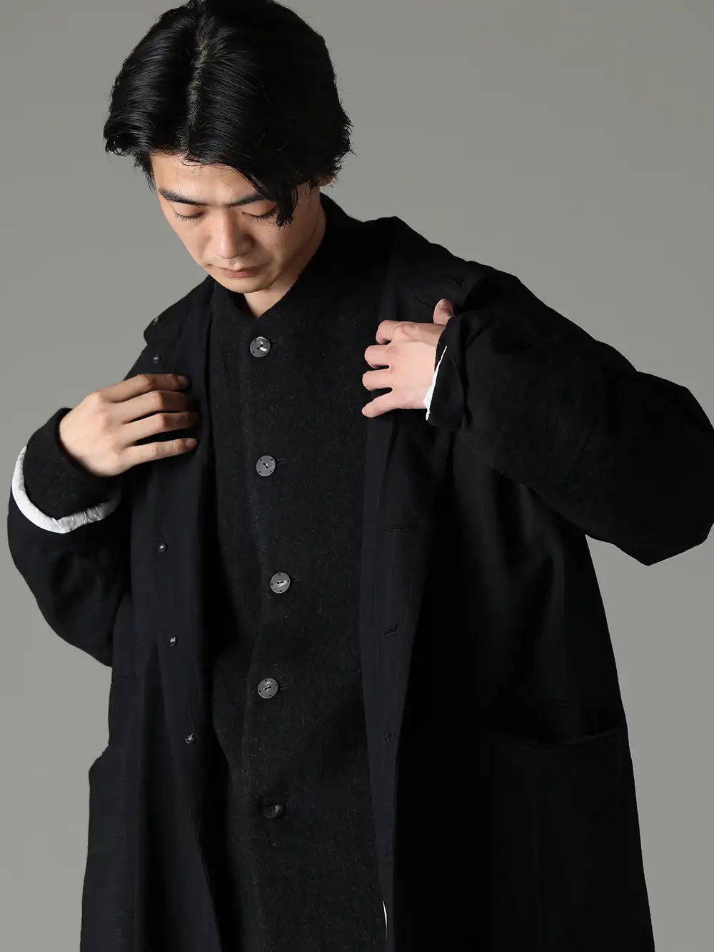 KLASICA 23-24AW  - クラシカルなパターンに現代的なエッセンスを - 23C-HCT-062-FIGS-ST Patch Worked Relax Fit Coat Stripe Serge Wool FIGS - RJE-WBRJ Jacket hand sewing wool super 120’s / bamboo 2-002