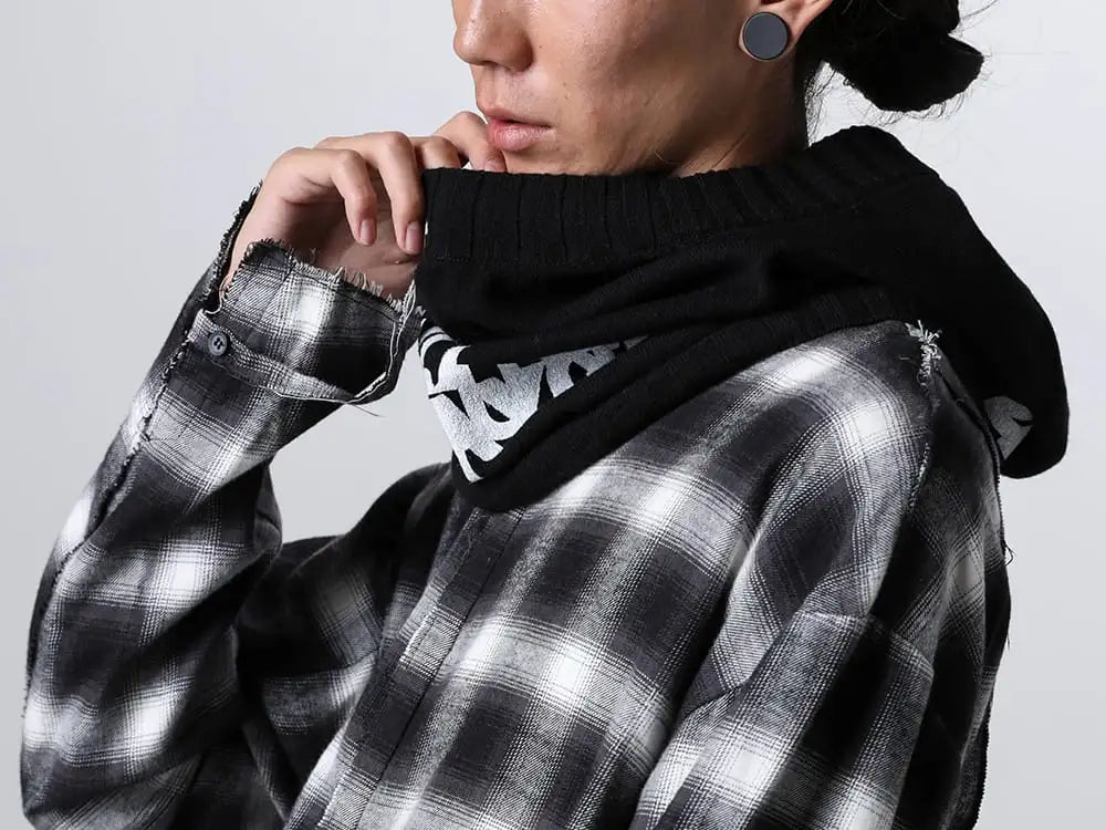 ASKyy 23-24AW  - A Fashion-Forward No-Collar Check Shirt with a Relaxed Silhouette and Cut-Off Detail! - FAS-LIMITED-01 - FASCINATE Limited Check Shirts - sk.0014aAW23 - lambs wool huge balaclava. 2-005