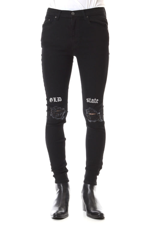 EX fit denim leggings pants (GLD state+crash) Black × Off White - GalaabenD