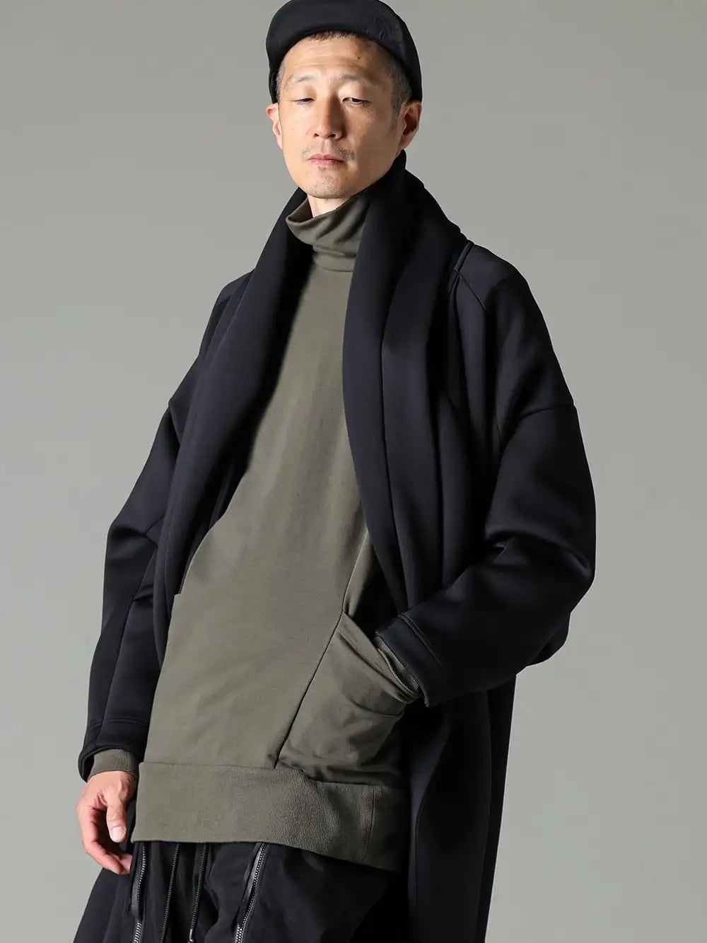 RIPVANWINKLE 23-24AW  - Turtleneck Coat Style Coat Perfectly Placed Side Pocket Jersey for Added Convenience - RB-535 - Wrap Jersey Coat - RB-523-Khaki - Side Pocket Jersey Khaki 2-001