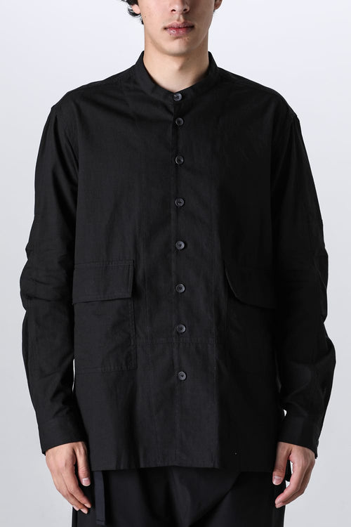 Cotton/Linen Band Collar Shirt  Black - The Viridi-anne