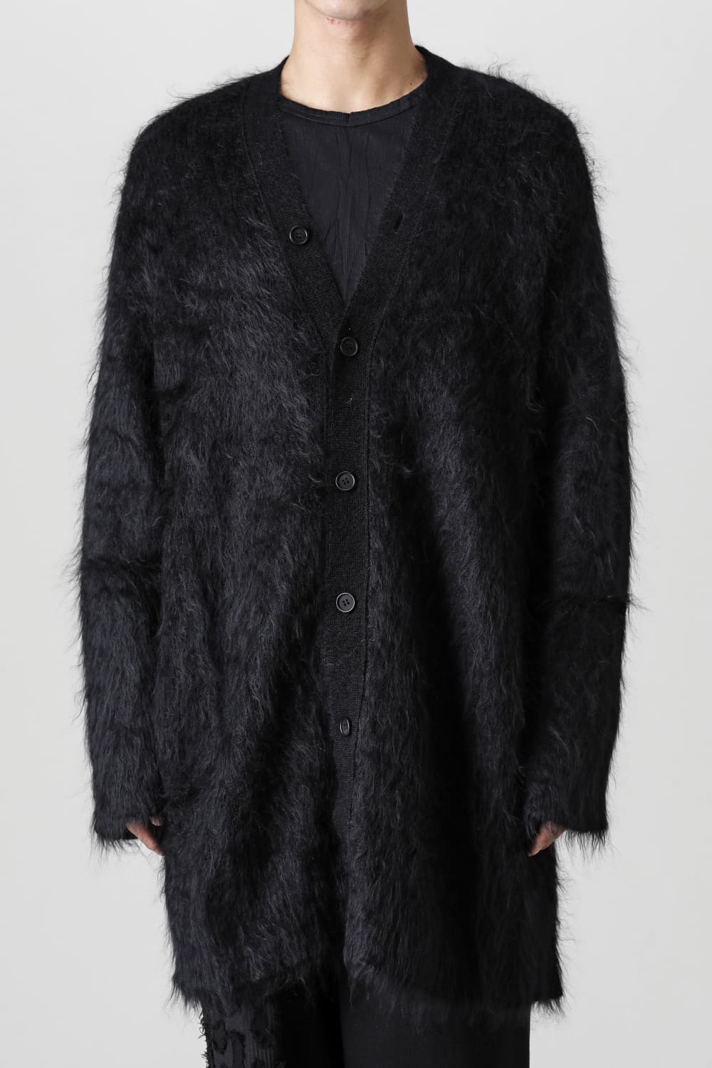 Yohji Yamamoto POUR HOMME  ヨウジヤマモト プールオム 10G HALF CARDIGAN FUR FINISH CREW NECK ハーフカーディガン ファーフィニッシュ クルーネック モヘア ブラック HE-K01-190 Size 3