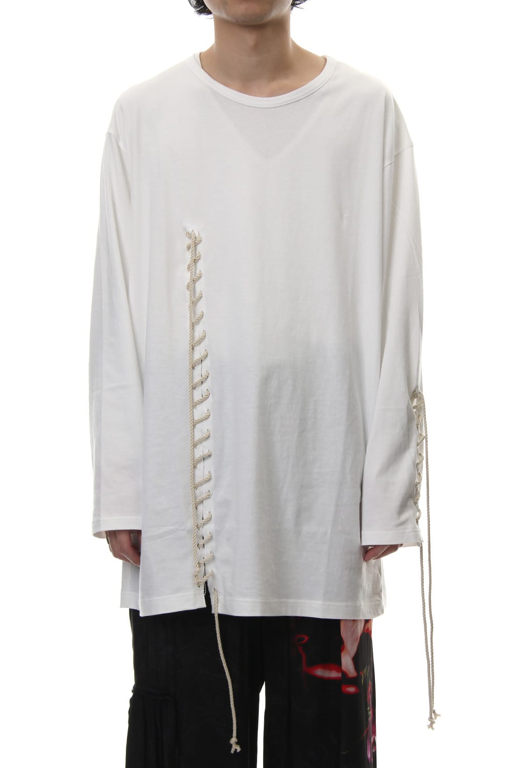 HH-T30-083-white, Lace Up Round Neck Long Sleeve T Shirt, Yohji Yamamoto