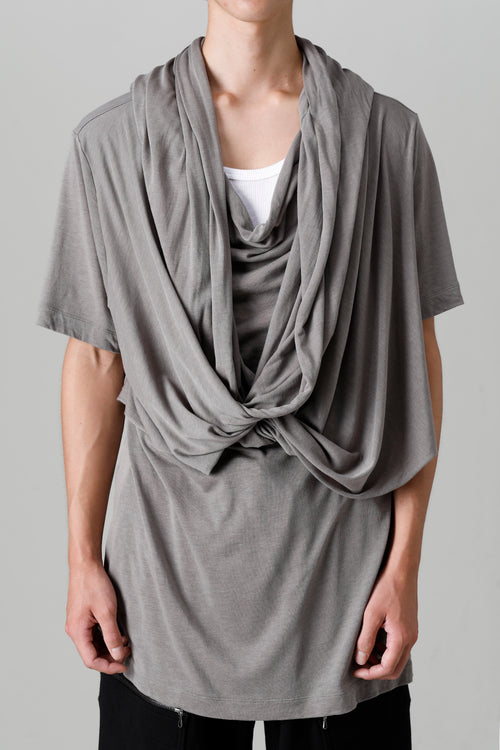 Cotton/Cupro Jersey Drape Neck Short Sleeve T-Shirt Gray - JULIUS