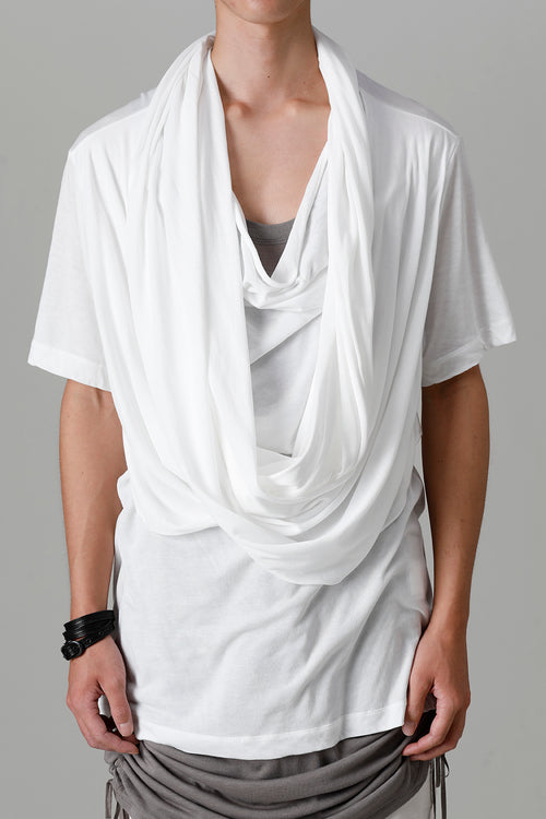 Cotton/Cupro Jersey Drape Neck Short Sleeve T-Shirt Off White - JULIUS