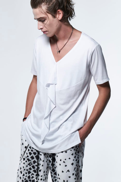 Frill V-Neck T-Shirt White - kiryuyrik