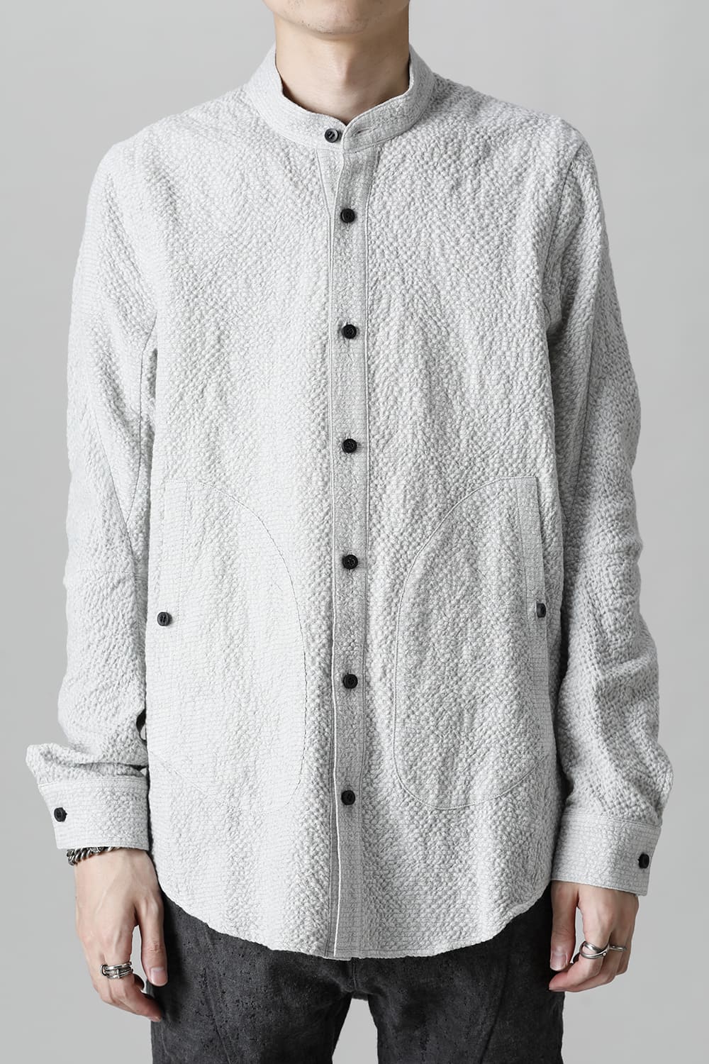ST102-0321A-Gray | Wool x Cotton Dimple Washer Band Collar Shirt 