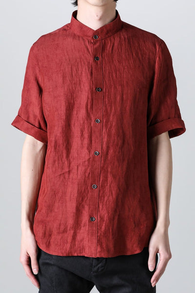 Linen And Rayon Salt Shrink-Dyed Short-Sleeved Banded Collar Shirt Brick - D.HYGEN