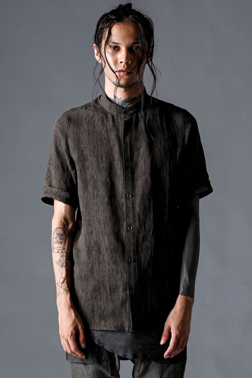 Linen And Rayon Salt Shrink-Dyed Short-Sleeved Banded Collar Shirt Charcoal - D.HYGEN