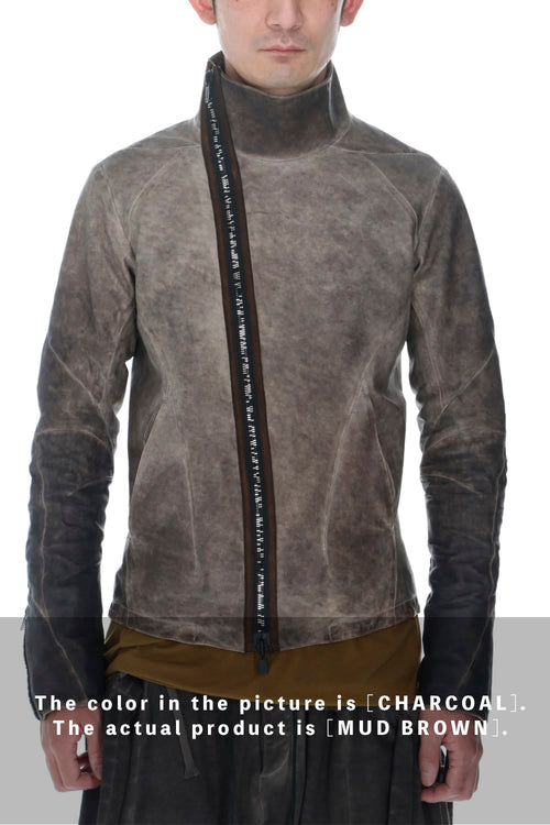 Cold Dyed Horse Leather High Neck Jacket  Mud Brown - D.HYGEN