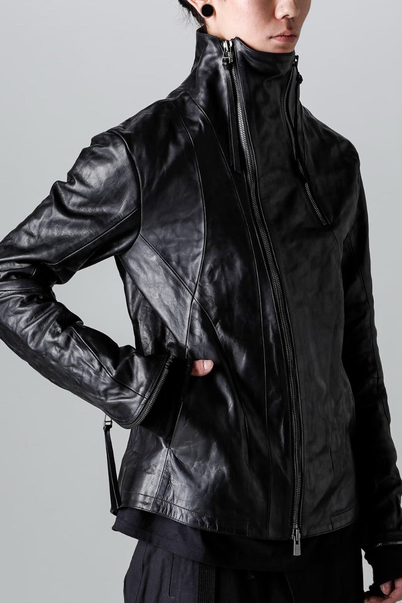 ST105-0223S-Black | Horse Leather High Neck Leather Jacket Black