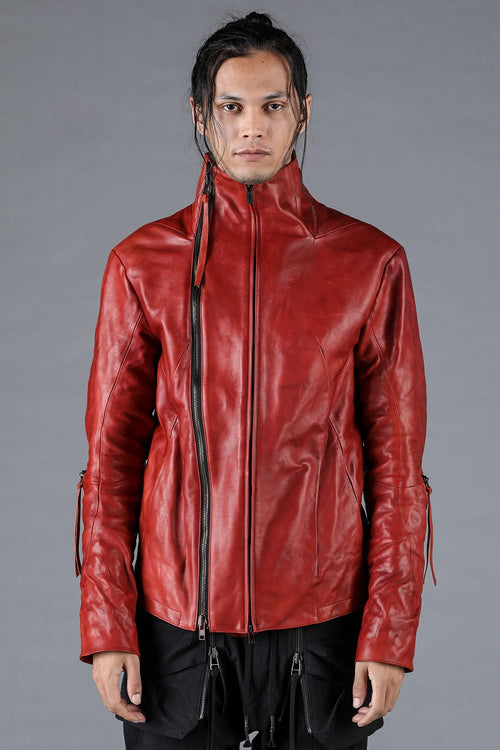 Horse Leather Dual Zip High Neck Jacket Red - D.HYGEN