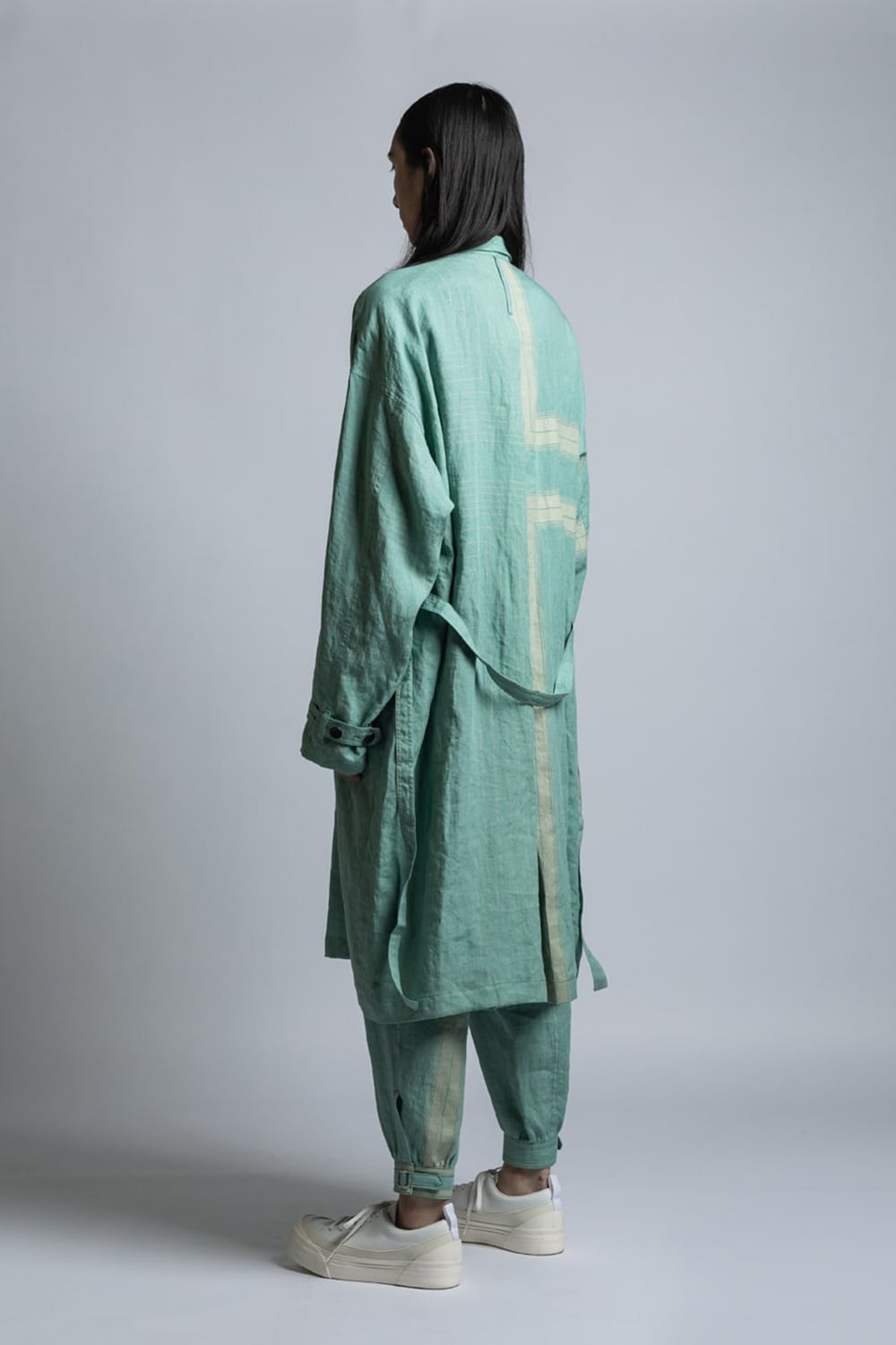 VI-3318-06-mint-green-stripe Square Print Linen Coat Mint Green