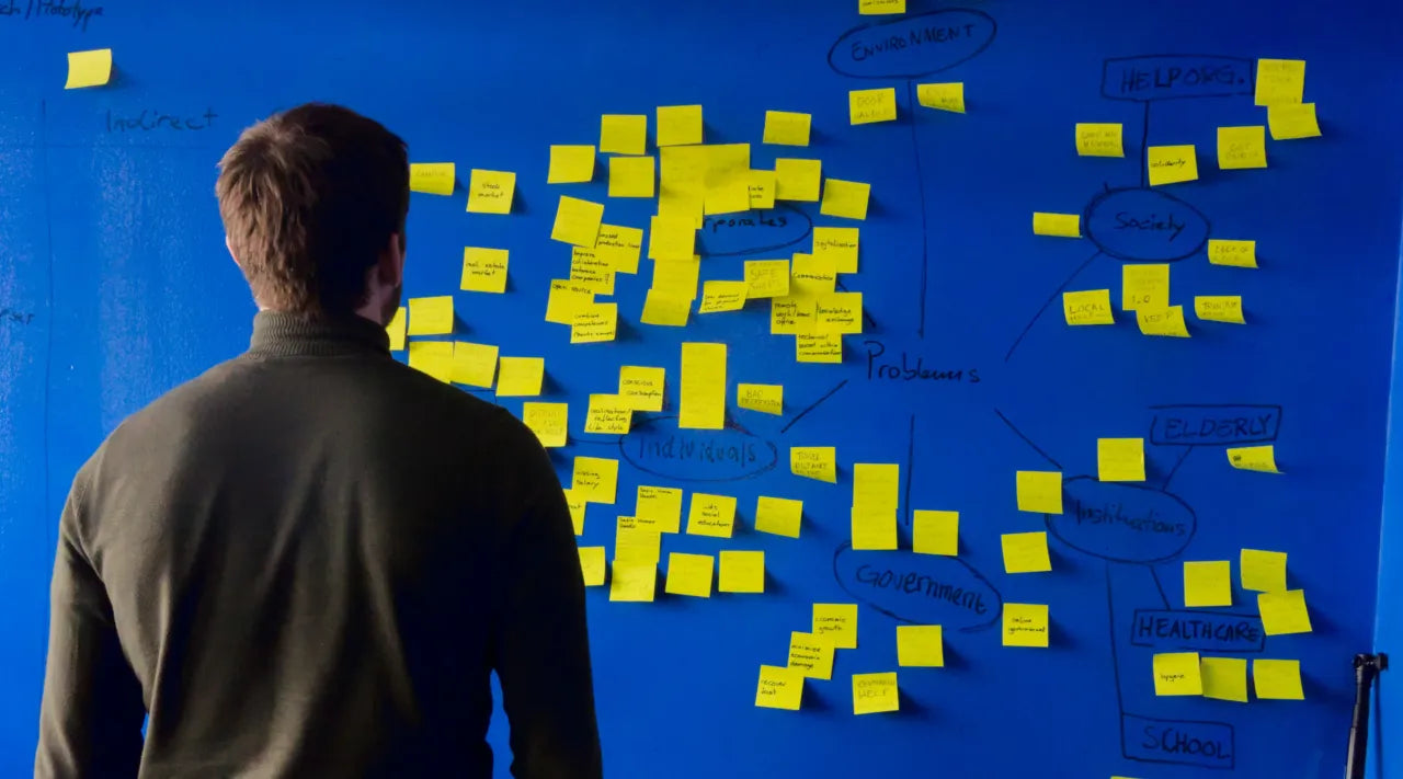 Post-it gialli attaccati al muro blu con una persona che guarda e fa brainstorming per trovare il nome aziendale