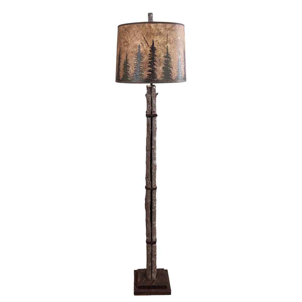 Twig And Leather Floor Lamp With Rough Sawn Base And Pine Tree Shade