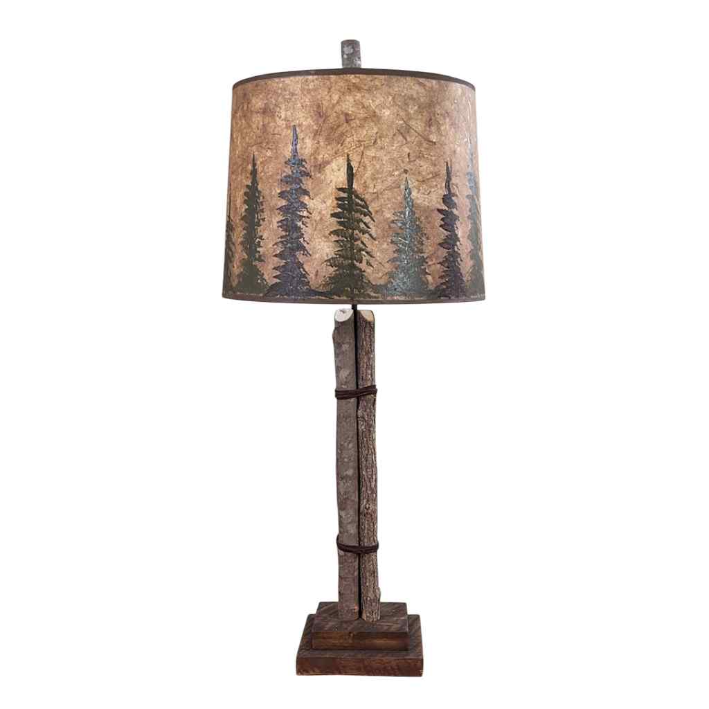 Twig And Leather Table Lamp With Rough Sawn Base And Pine Tree Shade