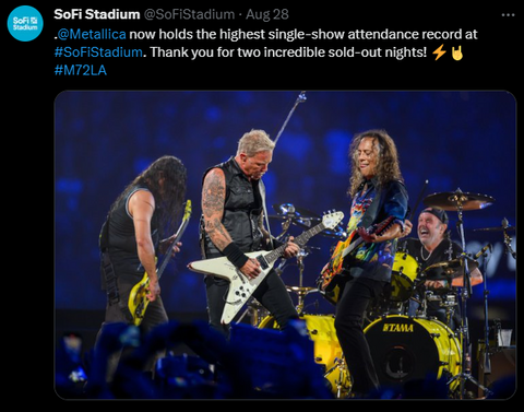 twitter post showing metallica playing at sofi stadium