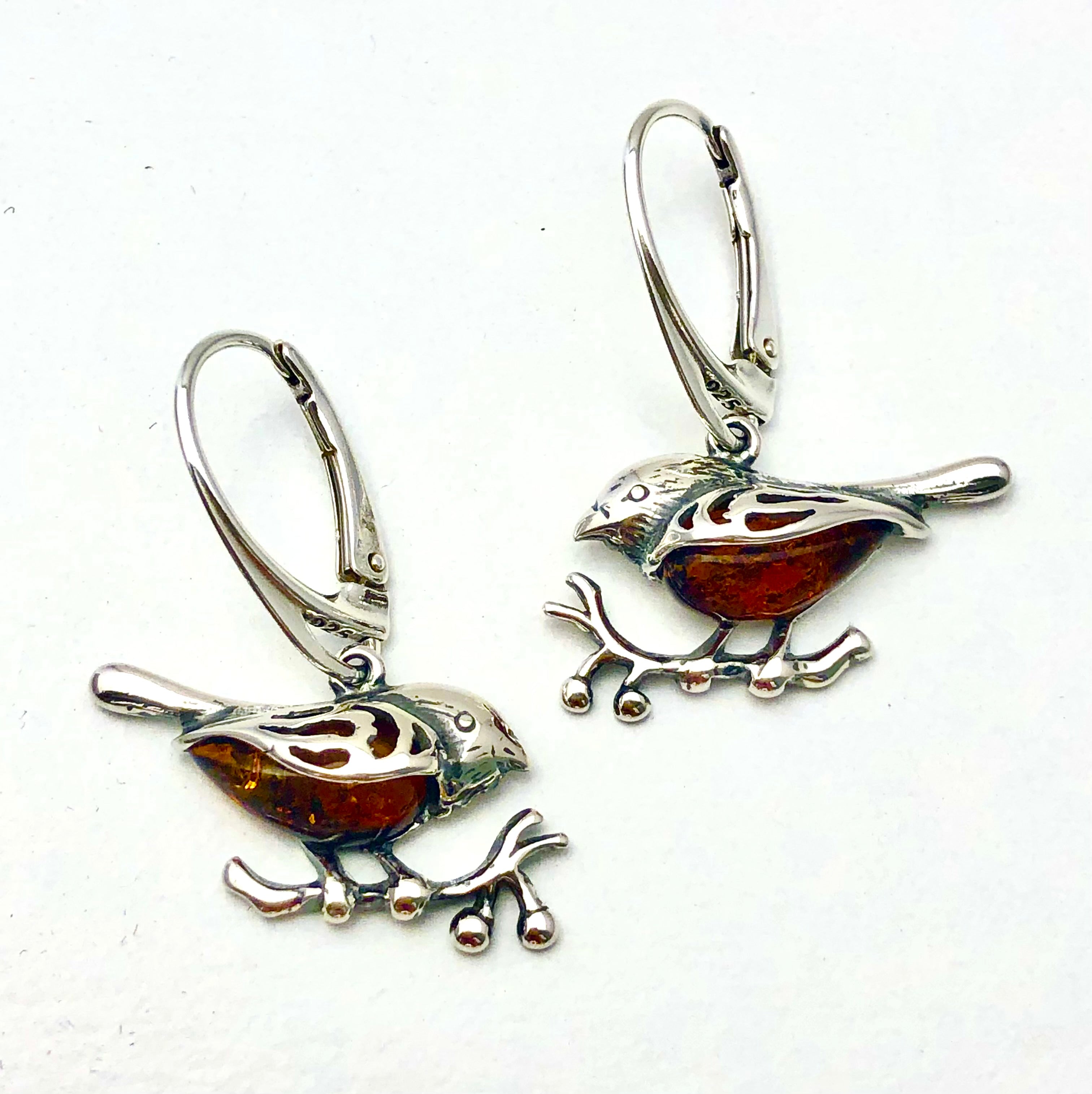 STERLING SILVER DANGLE BIRD EARRINGS WITH HONEY AMBER