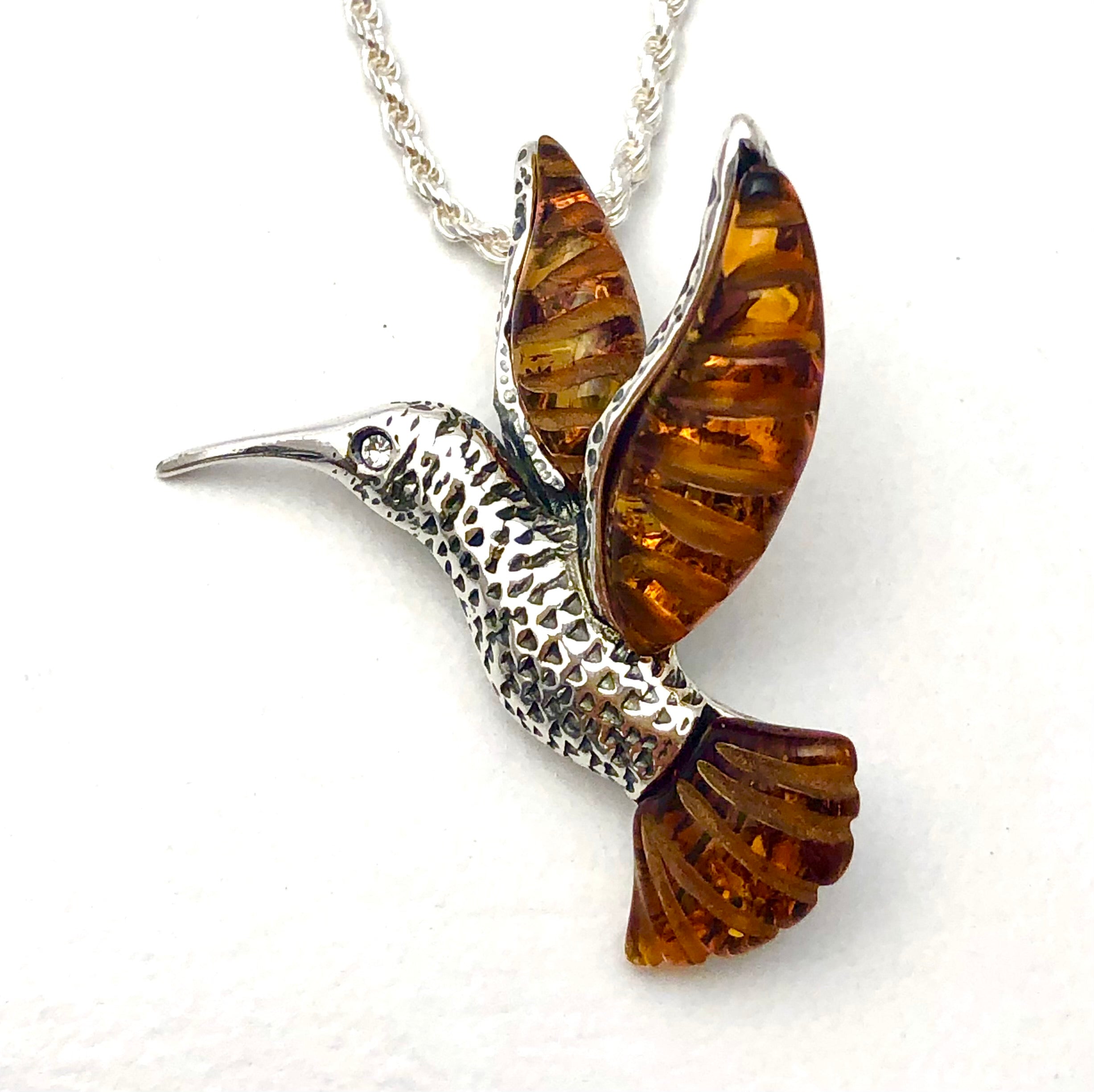 OXIDIZED HONEY AMBER HUMMINGBIRD PENDANT