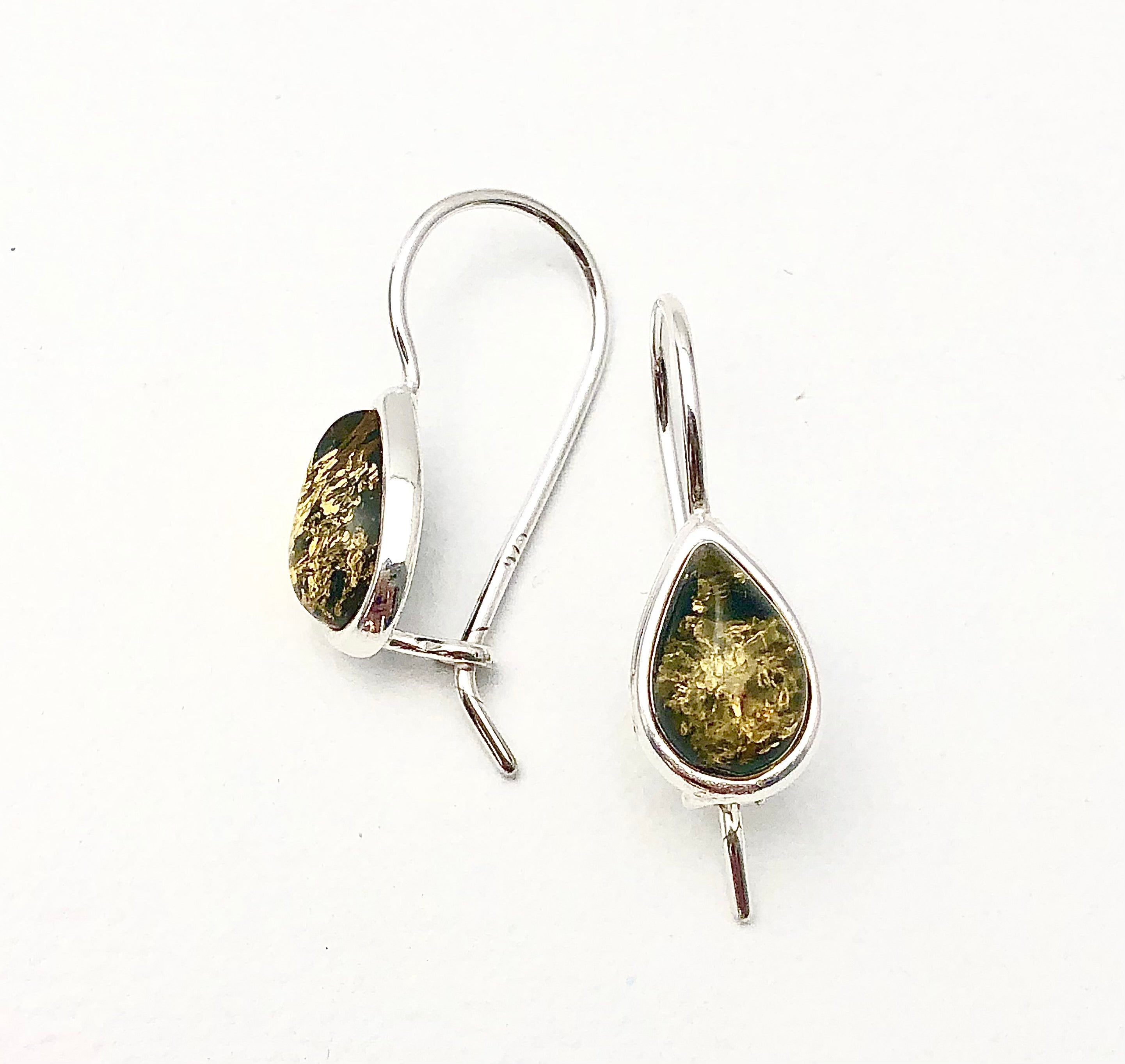 GREEN AMBER TEARDROP STERLING SILVER EARRINGS