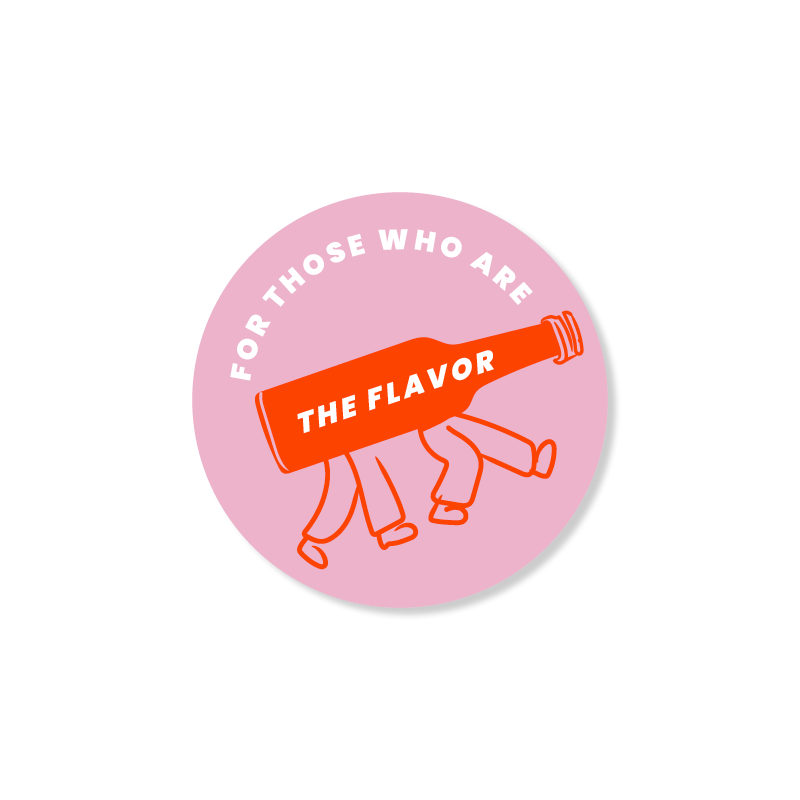 This is an illustraion of an orange Oh Na Mi Jang Kimchi Sauce bottle walking on 2 sets of animated legs. The white text on the Oh Na Mi pink reads "for the flavor seekers". 