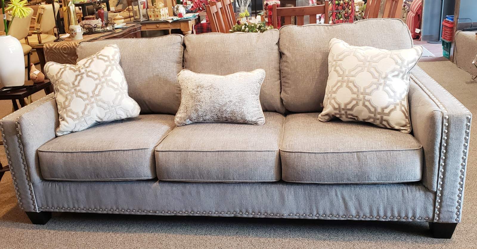 Nailhead Sofa with 3 Pillows